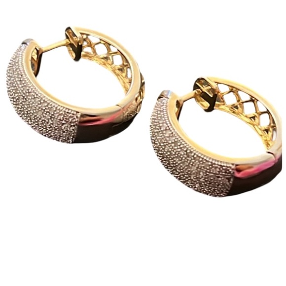 Designer 14KT Gold Plated Paved CZ Crystal Diamond Cut Out Huggie Hoops - Picture 4 of 11